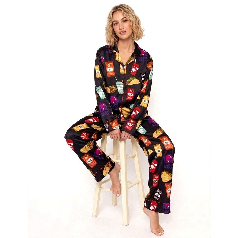 SHESHOW 2pc Taco Bell Fan Notch Collar PJ Lounge Set Long Sleeve Satin Women's S